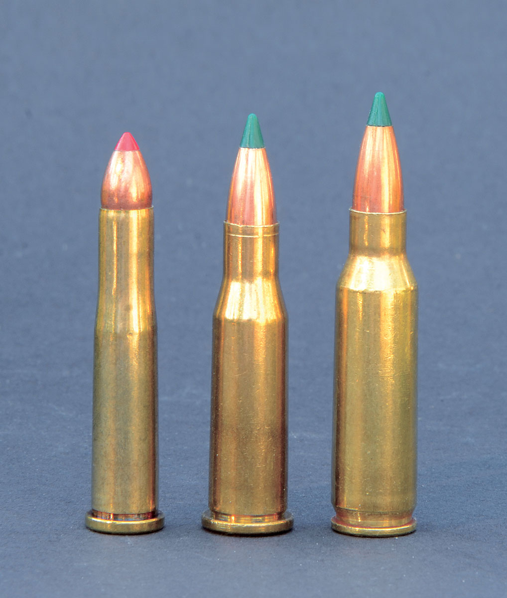 When all are filled to the brim with water, the 218 Bee case (center) holds about four grains more than the 22 Hornet case (left) and three grains less than the 221 Remington Fireball (right).